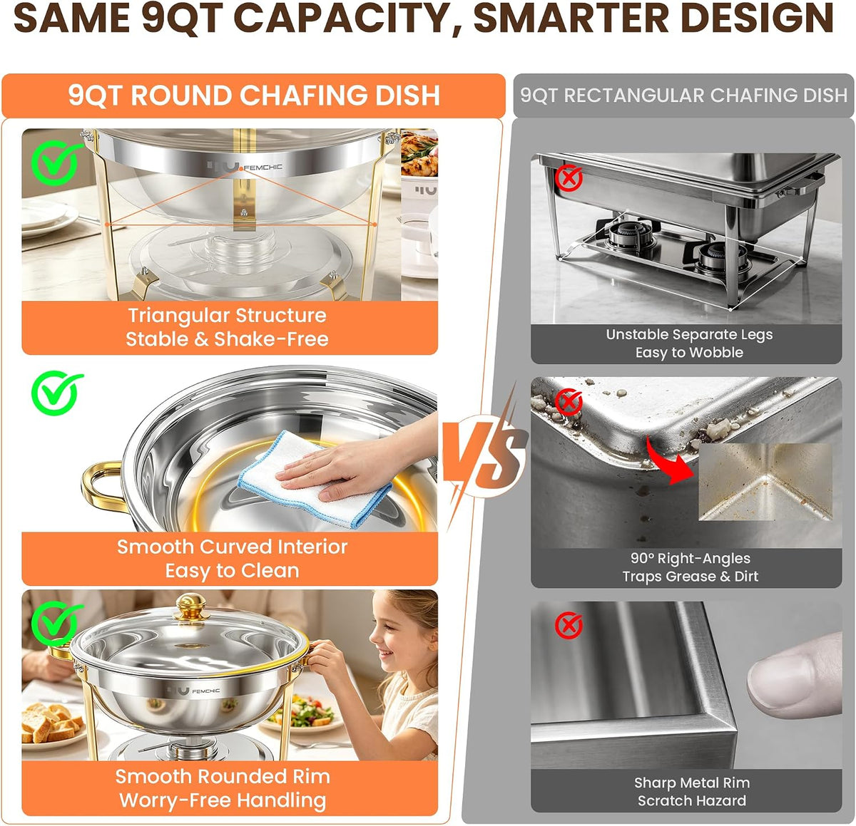 9QT Round Chafing Dishes for Buffet, 4 Pack Gold Chafer Set