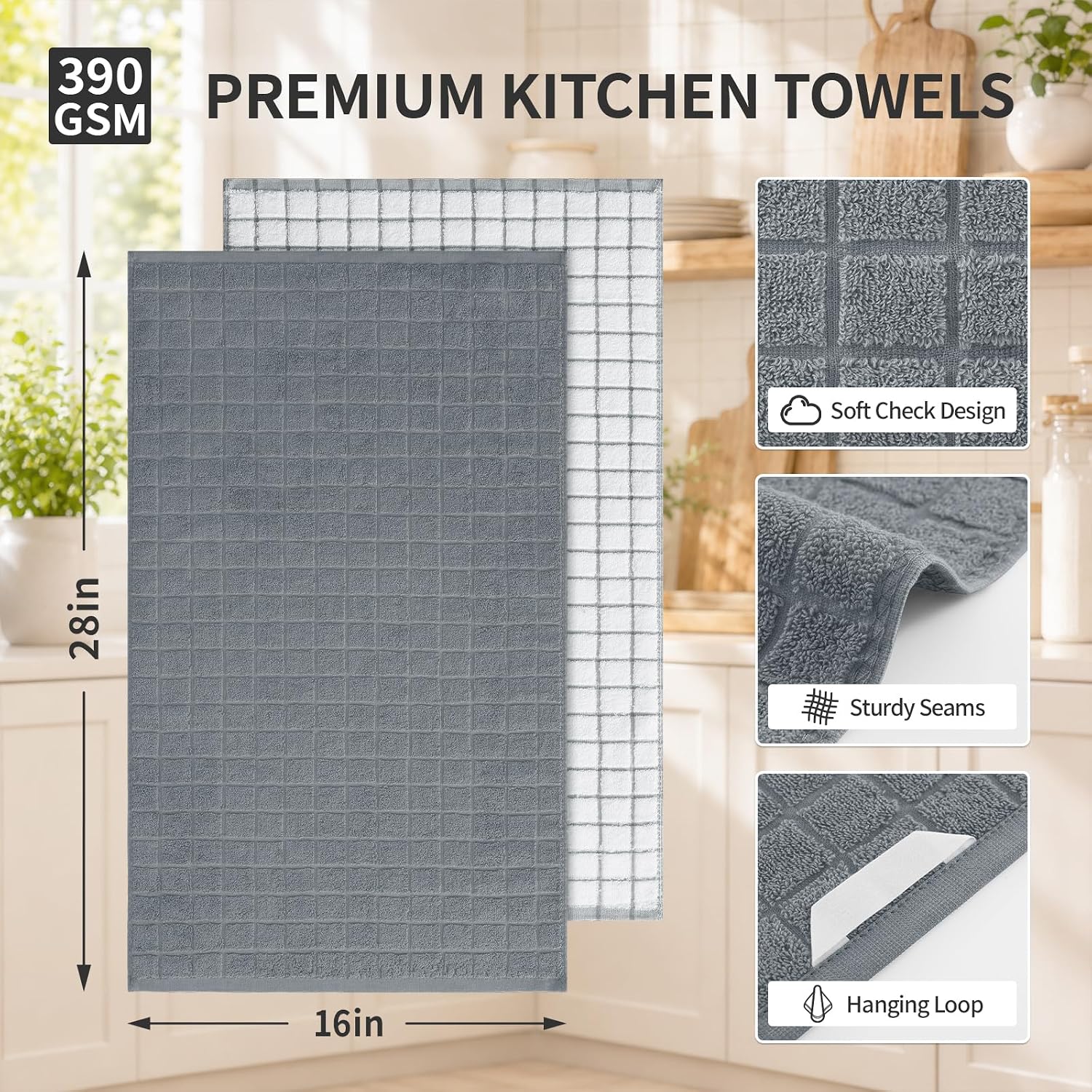 Premium Kitchen Towels (16"x 28", 6 Pack), Large 100% Cotton Terry 390 GSM Kitchen Hand Towels, Ultra Absorbent Check