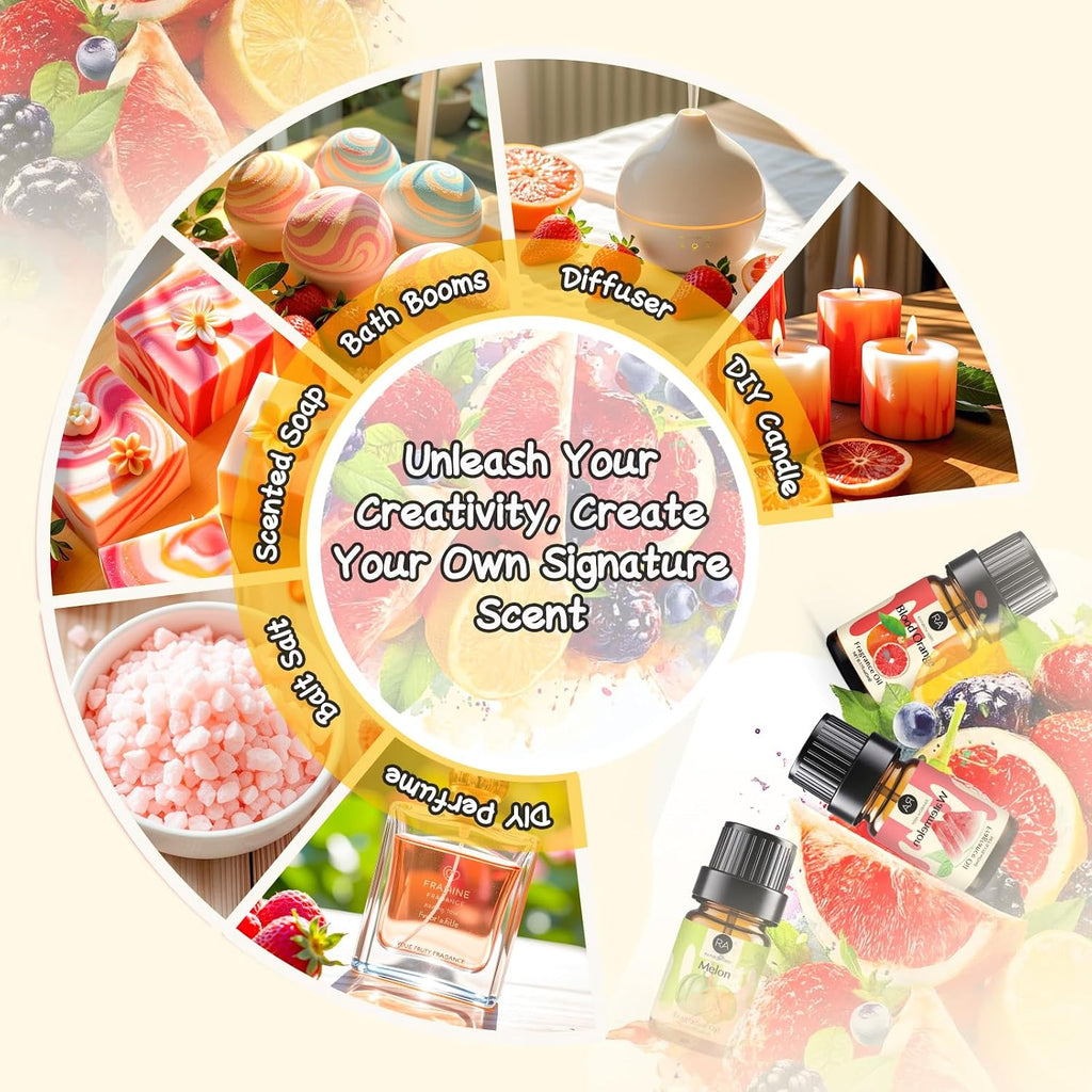 Fruity Fragrance Oil for Candle & Soap Making, 10 Fruit Scents in 5ML Bottles, Coconut, Strawberry, Watermelon