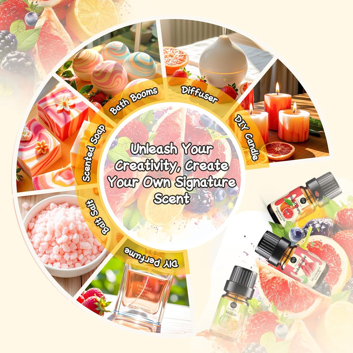 Fruity Fragrance Oil for Candle & Soap Making, 10 Fruit Scents in 5ML Bottles, Coconut, Strawberry, Watermelon