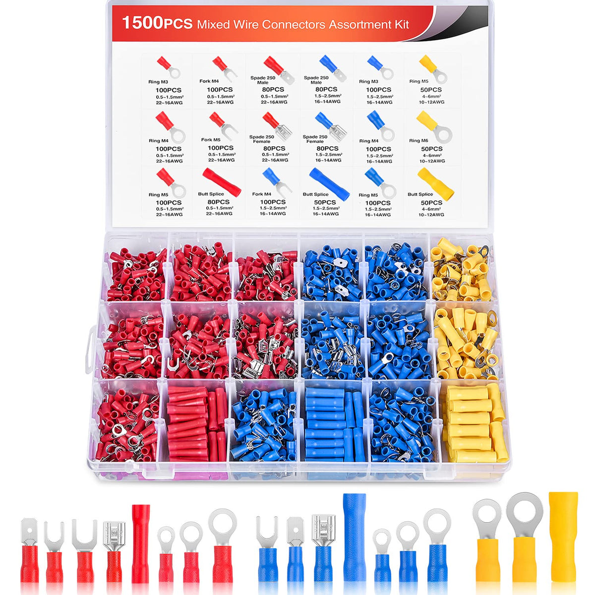 Nilight 1500PCS Mixed Quick Disconnect Insulated Electrical Crimp Terminals