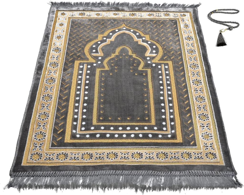 Turkish Muslim Prayer Rug, Mat with Beads for Men Women, Ramadan Hajj Gift (Gray)