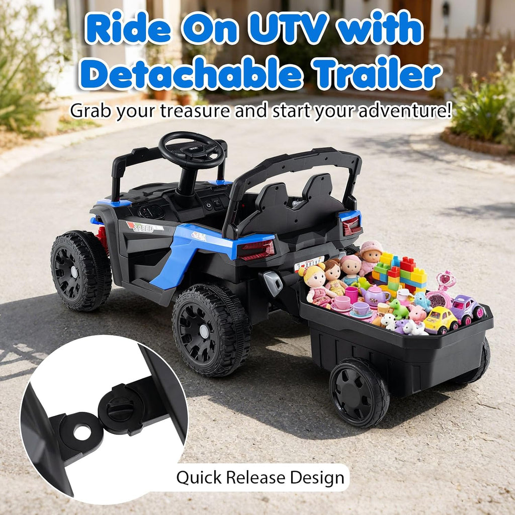 Kids Ride On UTV Car with Detachable Trailer, 12V Battery Powered Electric Vehicle with Remote Control, 3 Speeds, LED