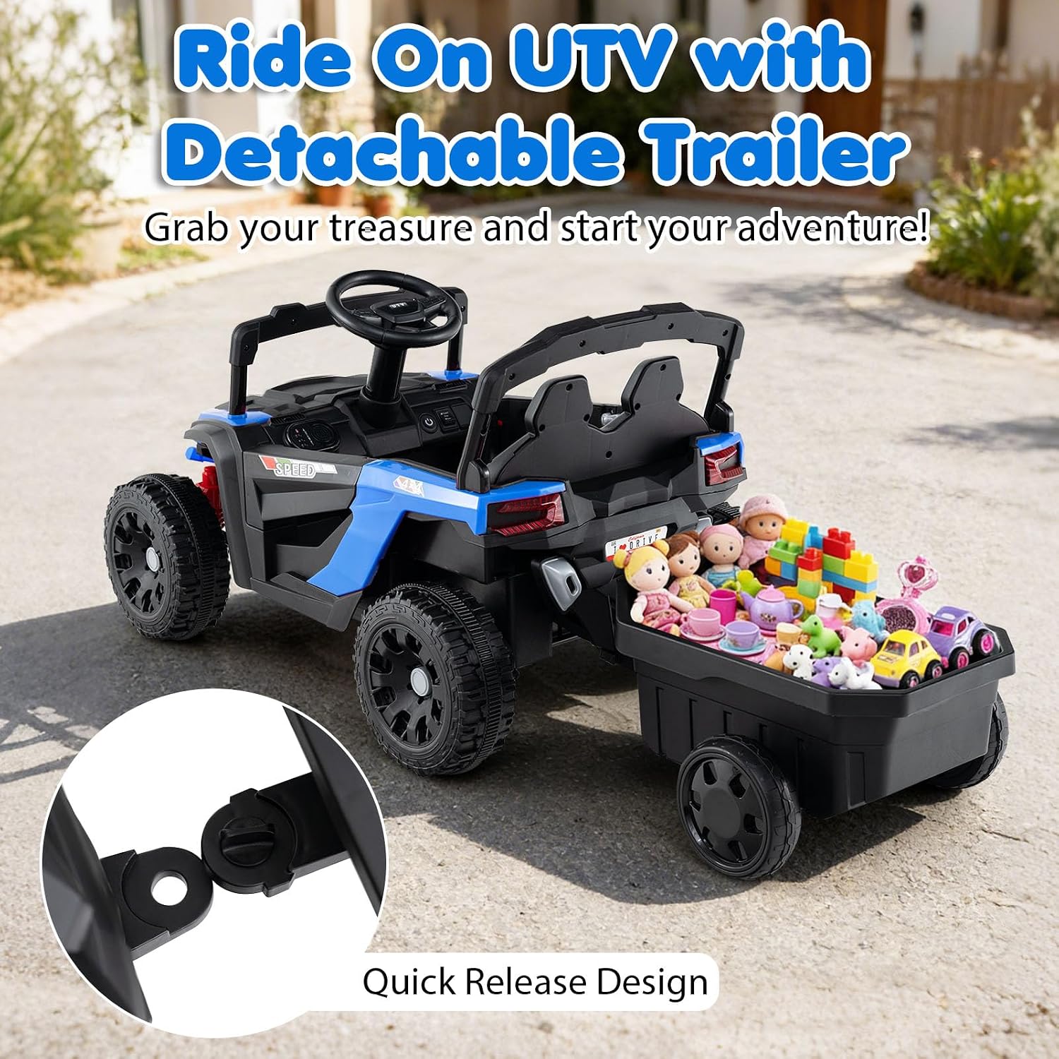 Kids Ride On UTV Car with Detachable Trailer, 12V Battery Powered Electric Vehicle with Remote Control, 3 Speeds, LED