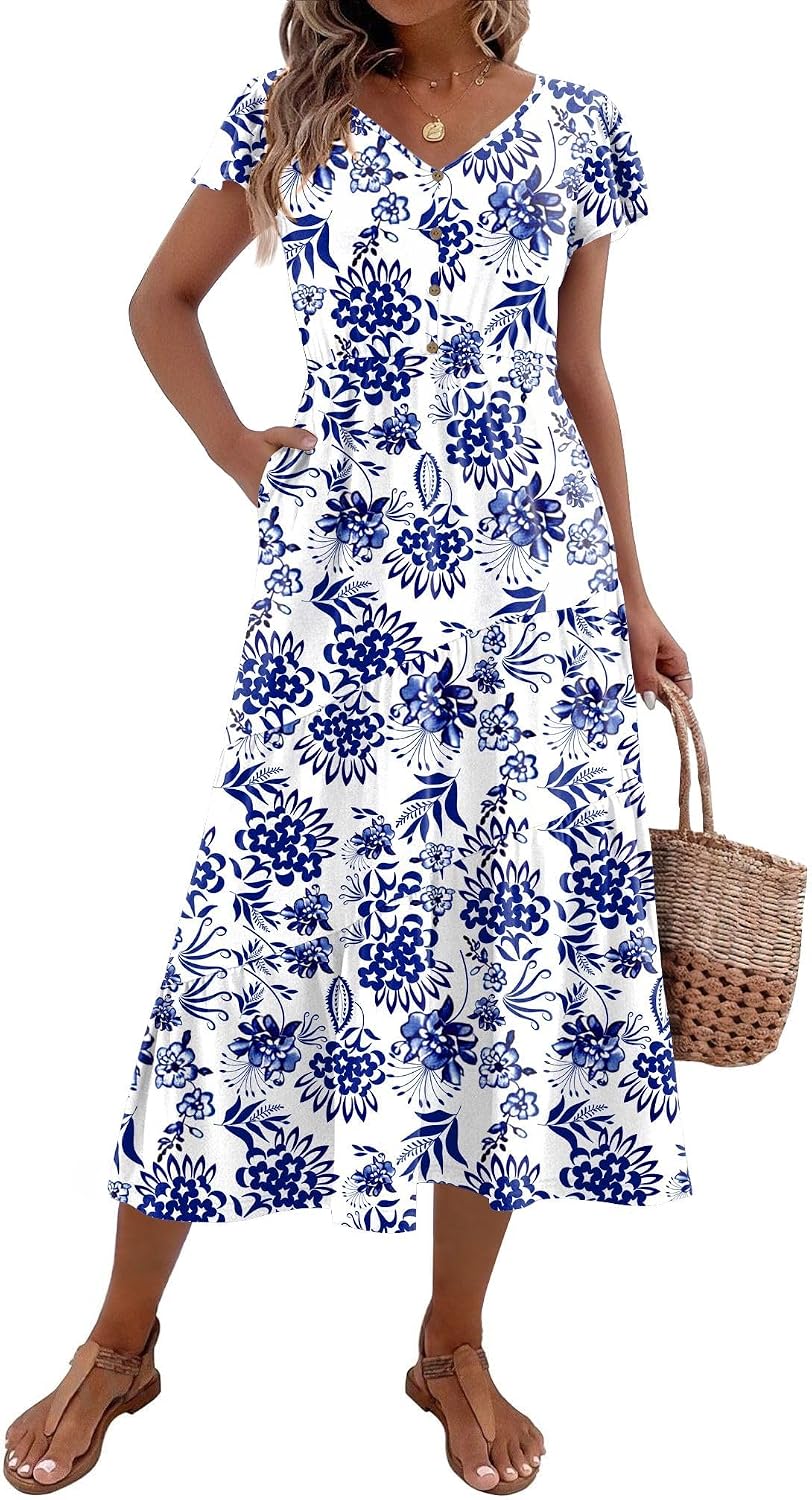 Women's Summer Casual Dress Flutter Short Sleeve V Neck Button Down Tiered Flowy Long Dress with Pockets