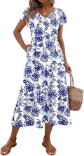Women's Summer Casual Dress Flutter Short Sleeve V Neck Button Down Tiered Flowy Long Dress with Pockets