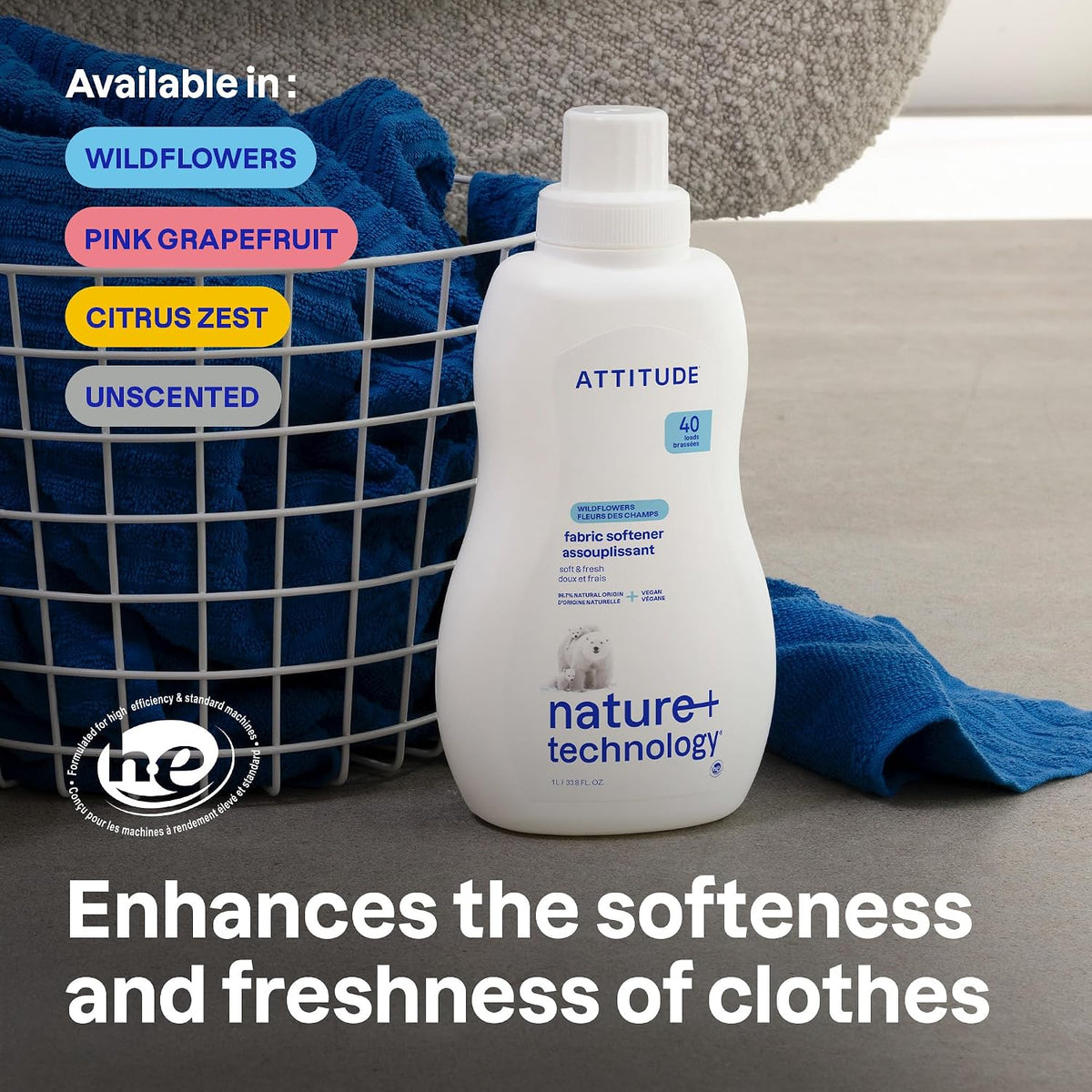 ATTITUDE Liquid Fabric Softener, Plant Based, Wildflowers, 40 Loads