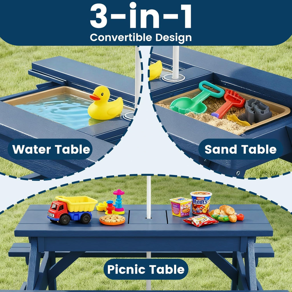 Kids 3-in-1 Sand & Water Table,HDPE Outdoor Convertible Picnic Table w/Detachable Tabletop