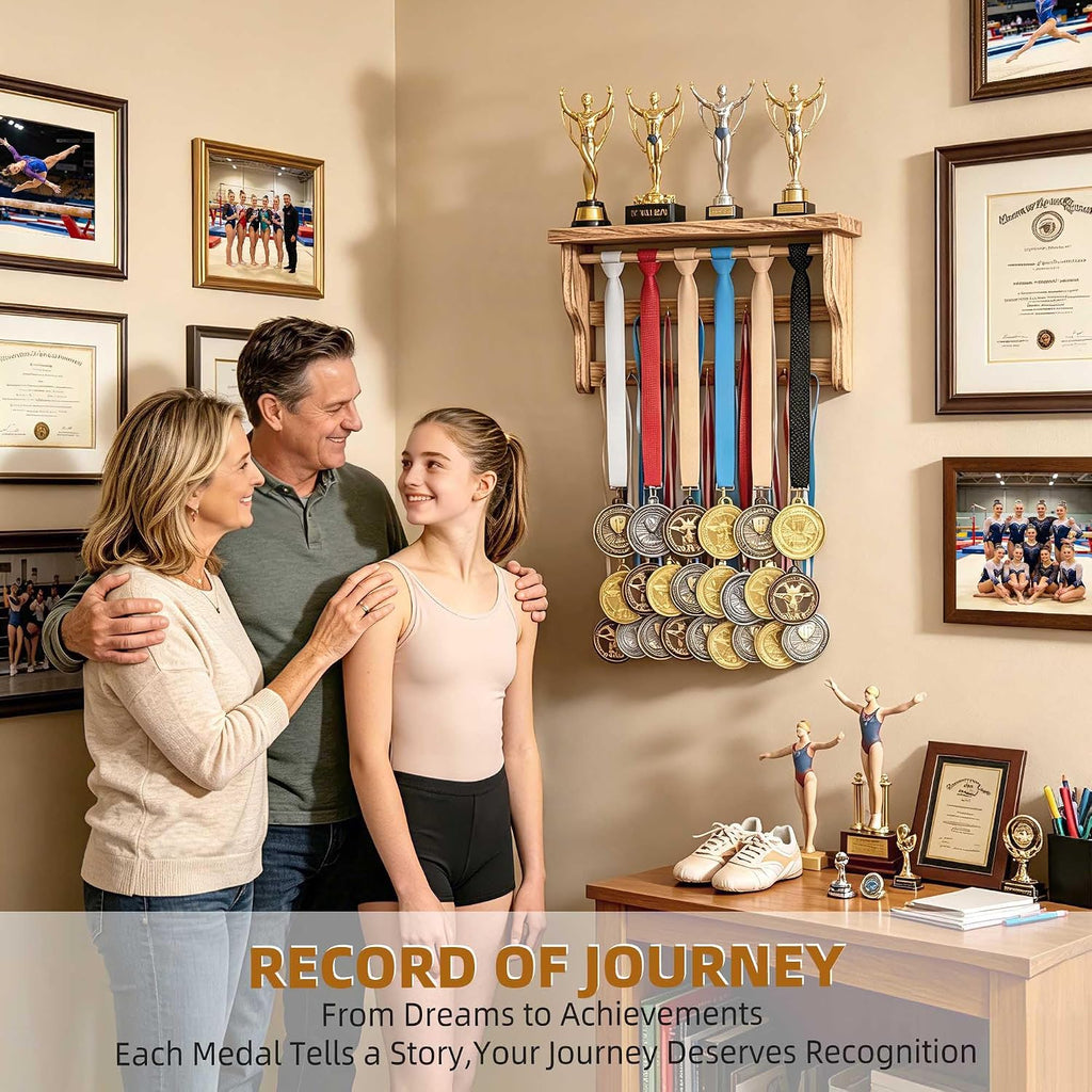Medal Hanger Display, Large Capacity Trophy and Medal Display Shelf | Natural Solid Wood, Anti-Slip Groove, Widening
