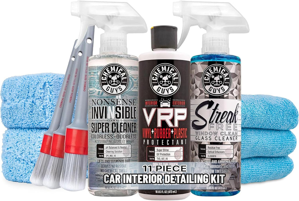 Car Interior Detailing Kit - VRP Protectant, Nonsense Cleaner, Streak Free Glass Cleaner, 3 Detailing Brushes, 3