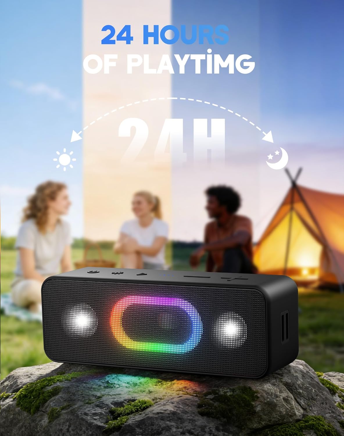 Bluetooth Speaker, Wireless Portable Outdoor Speakers, Bold Sound and Ambient Light, IPX6 Waterproof, 24H Playtime