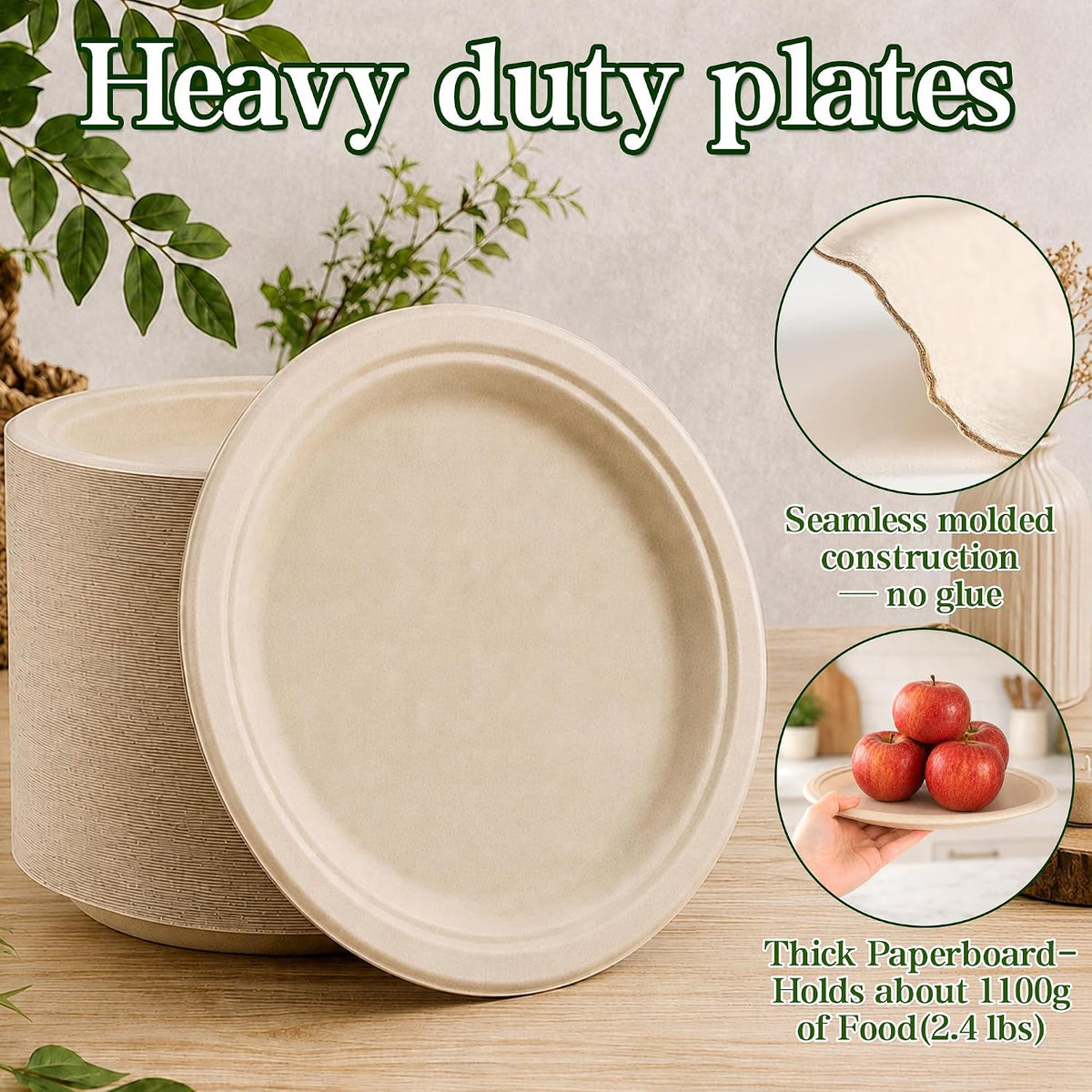 10 Inch Compostable Paper Plates 150 Pack, Heavy Duty Disposable Plates
