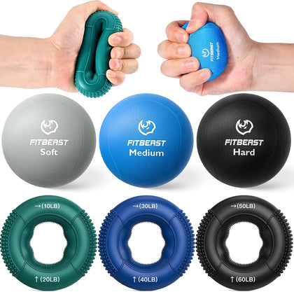 Grip Strength Trainer, Finger Exerciser, Stress Balls for Adults 6-Piece Set, Hand Therapy for Strength, Recovery &