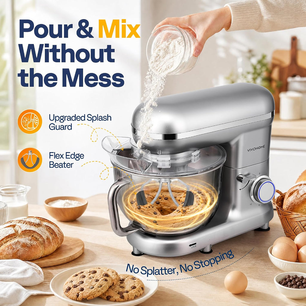 Stand Mixer, 6-Quart Tilt-Head Kitchen Mixer with Bowl, Silver