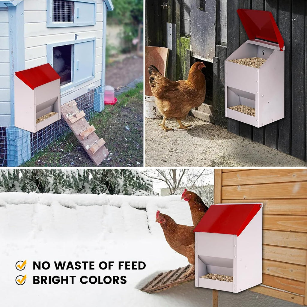 Galvanized Wall Mount Chicken Feeder No Waste Hanging Chicken Feeder with Lid Weatherproof Metal Automatic Poultry