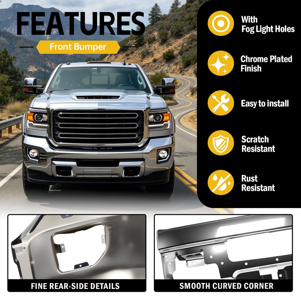 PENSUN Split Front Bumper Fit for 2015-2019 GMC Sierra 2500 3500, Chrome