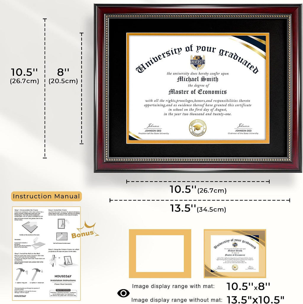Diploma Frame 8.5 x 11 with Black over Gold Mat or Display 11x14 Diploma Frame 11x14 without Mat, High Definition