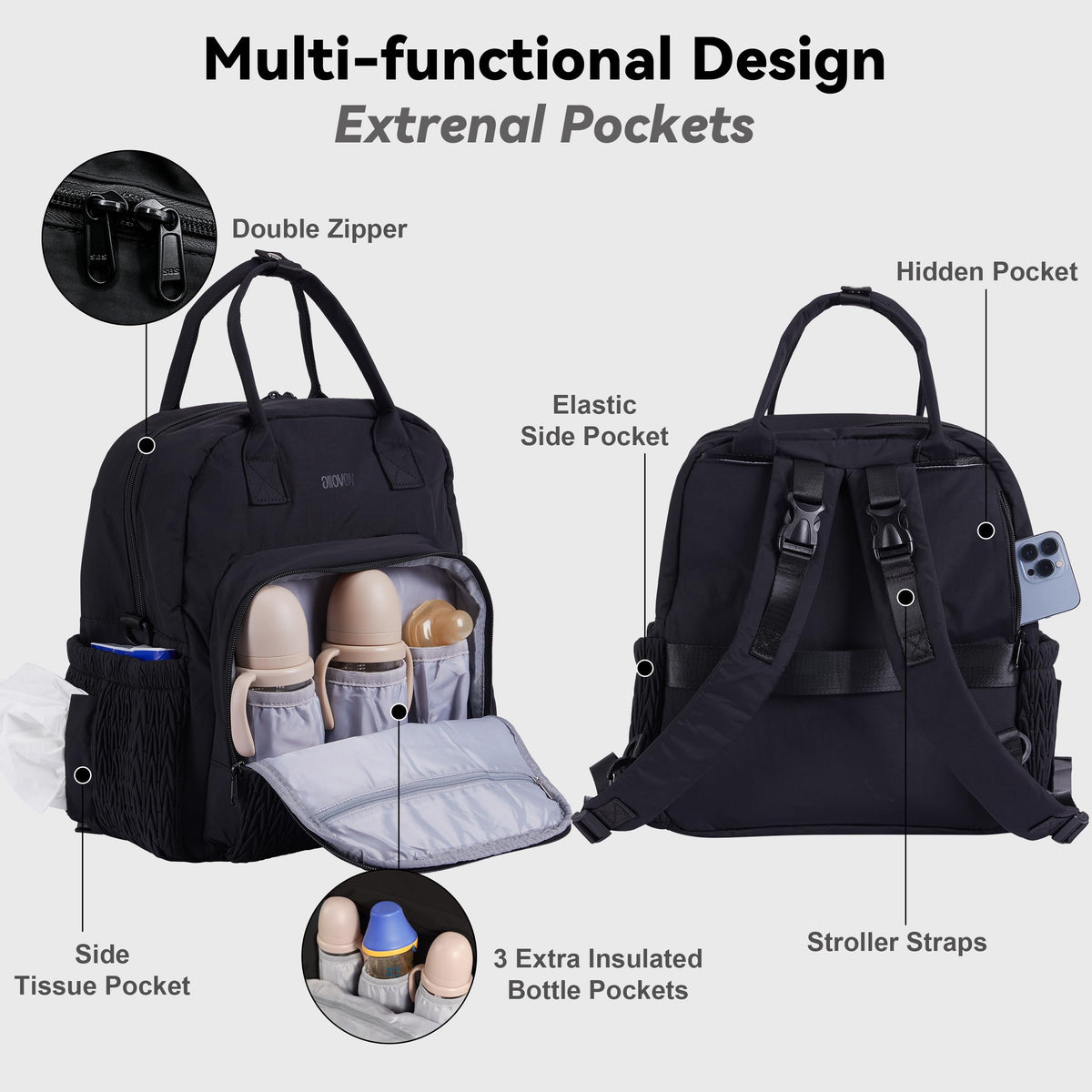 Large Capacity Diaper Bag Backpack with Insulated Pockets,Black