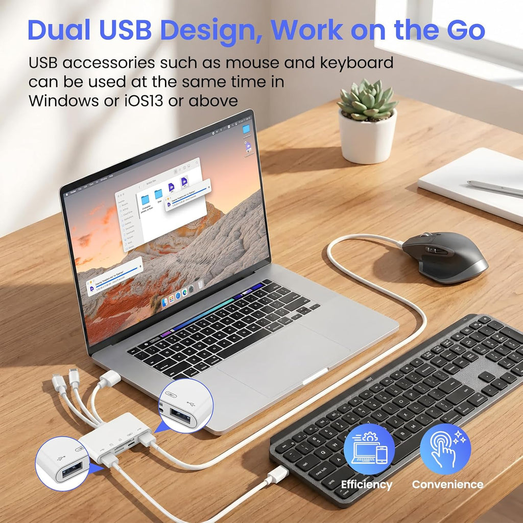 5-in-1 Memory Card Reader, USB OTG Adapter & SD Card Reader for iPhone iPad Mac USB C and USB A Devices with 5 Slots