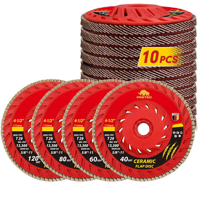 Ceramic Flap Discs 4 1/2 for Angle Grinder, 40/60/80/120 Grit, 10 Pack | 4-1/2" x 5/8”-11 Flap Discs, Type 29 Heavy