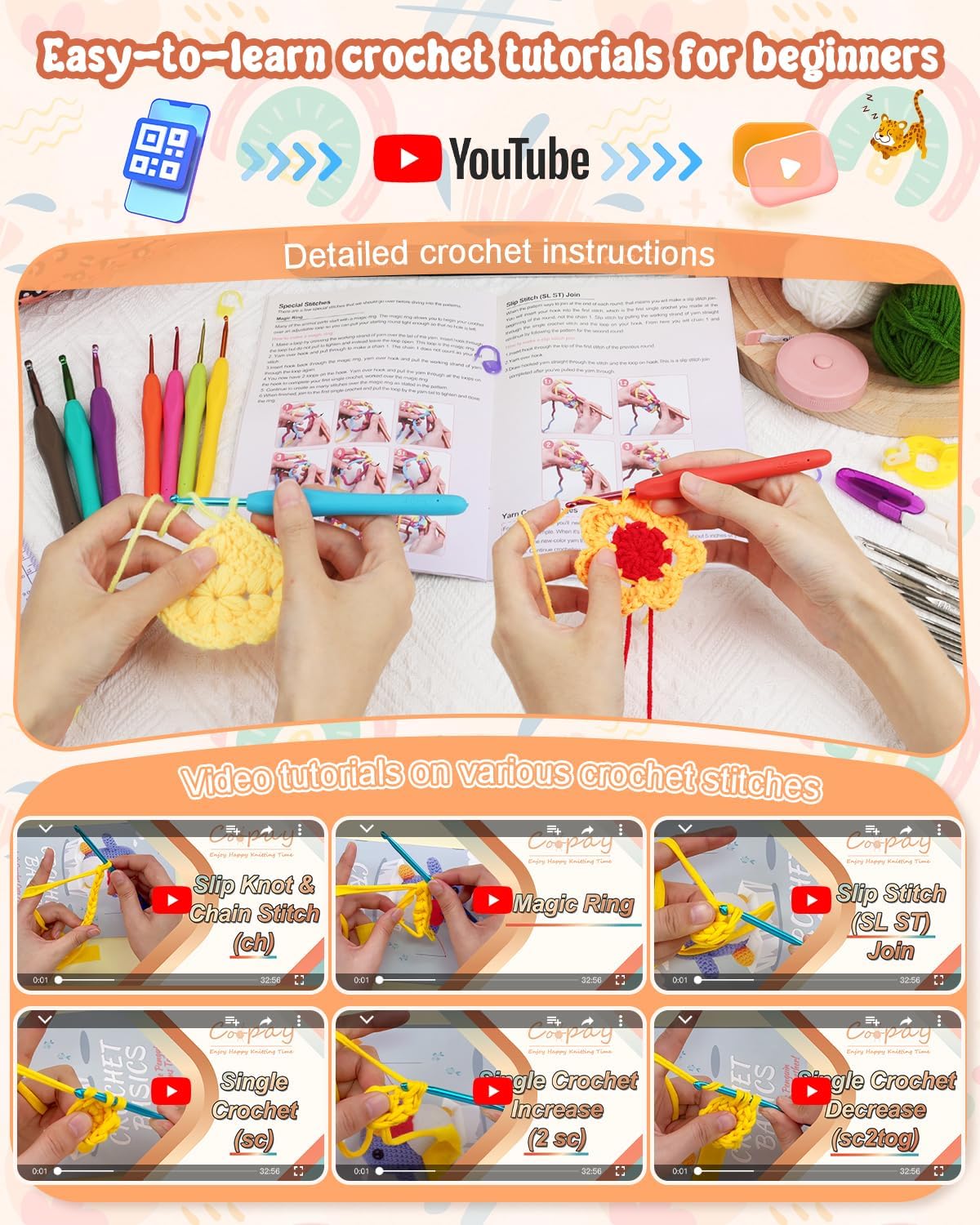 Crochet Kit Beginners Crochet Hook Set with Crochet Yarn,58PCS Portable Crochet Set Ergonomic Crochet Hooks Travel