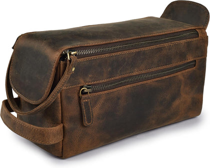 Genuine Leather Travel Toiletry Bag - Water-Resistant Dopp Kit for Toiletries, Large Shaving Bag & Bathroom Organizer