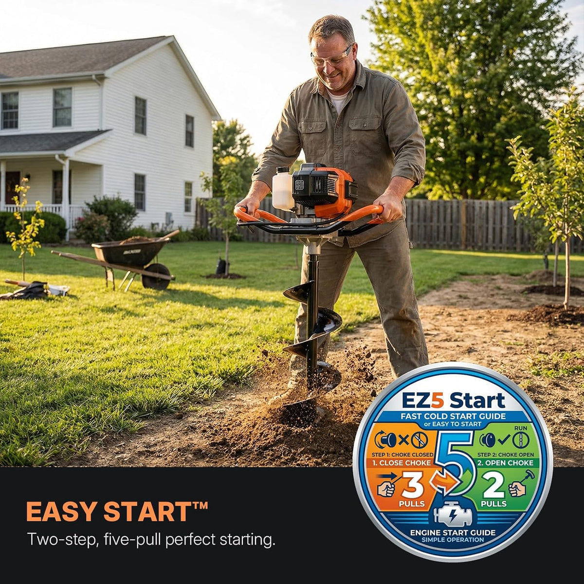 43CC Post Hole Digger, Auger Post Hole Digger Easy Start, 2-Cycle Xtreme Engine, Gas Powered Earth Auger with 8"