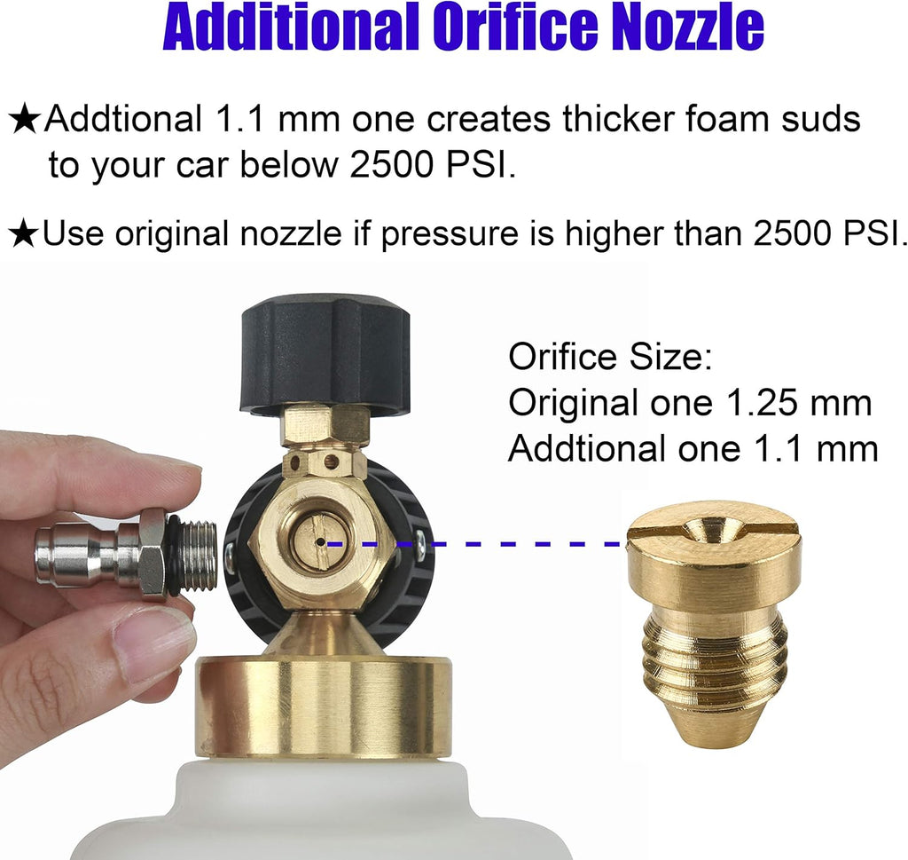Pressure Washer Foam Cannon, Additional Orifice Nozzle 1.1mm | Adjustable Snow Foam Lance for Car Wash, 1/4 Inch