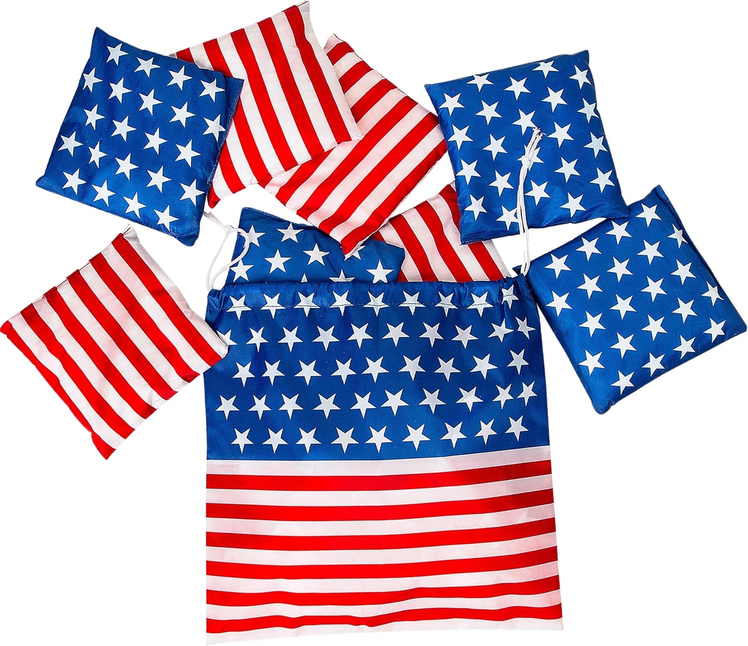 Patriotic Cornhole Stars & Stripes Bean Bags with Drawstring Bag - 6" Bean Bags with 12" Drawstring Bag (Set of 9)