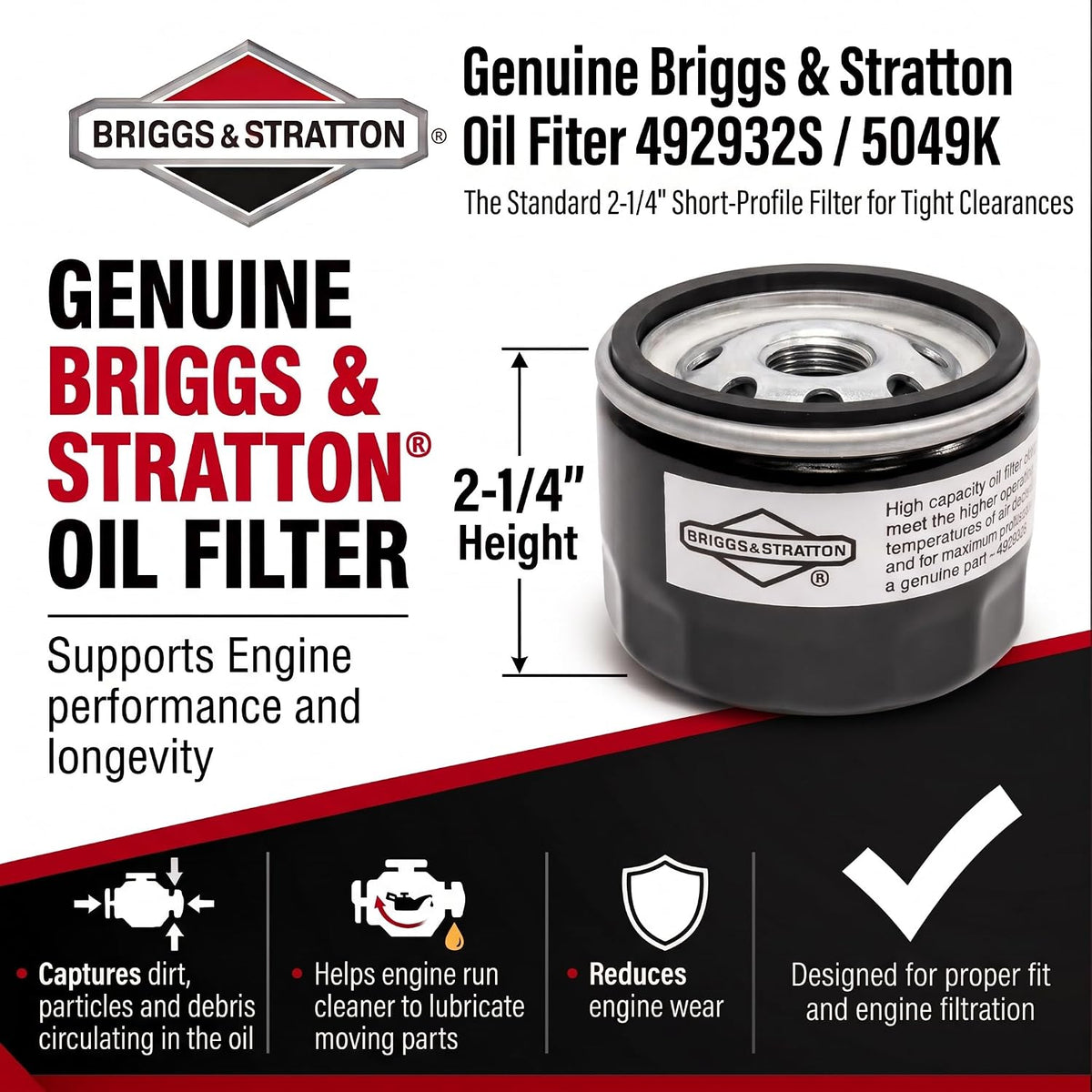 Briggs & Stratton 492932S Genuine Oil Filter, Short 2-1/4"