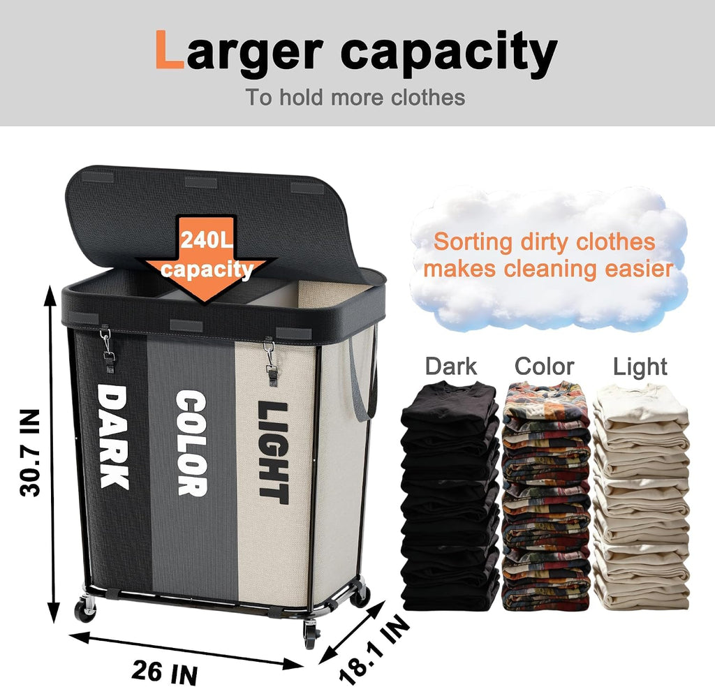 Laundry Sorter with Wheels 240L Rolling Laundry Cart,3 Compartment Designed Removable Laundry Bag for Daily Use in