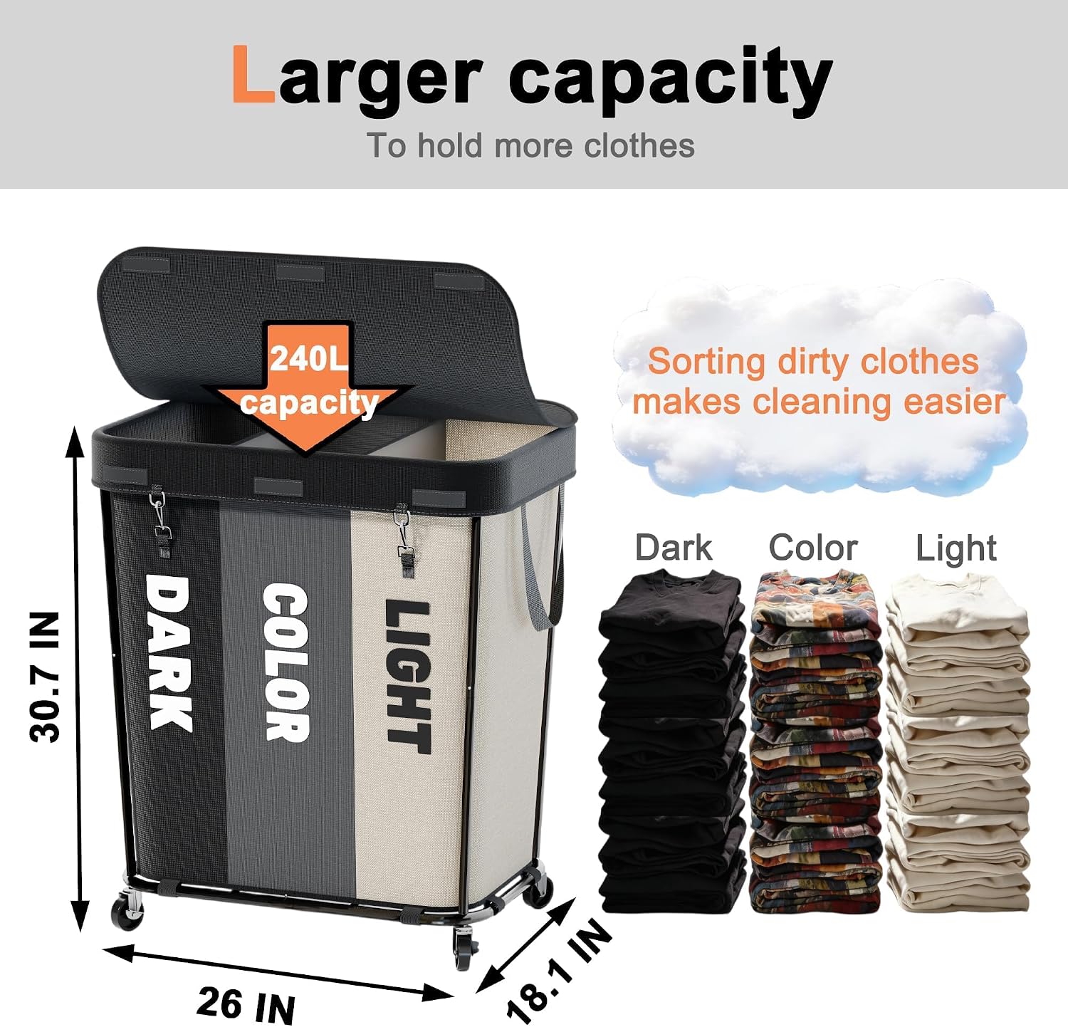 Laundry Sorter with Wheels 240L Rolling Laundry Cart,3 Compartment Designed Removable Laundry Bag for Daily Use in