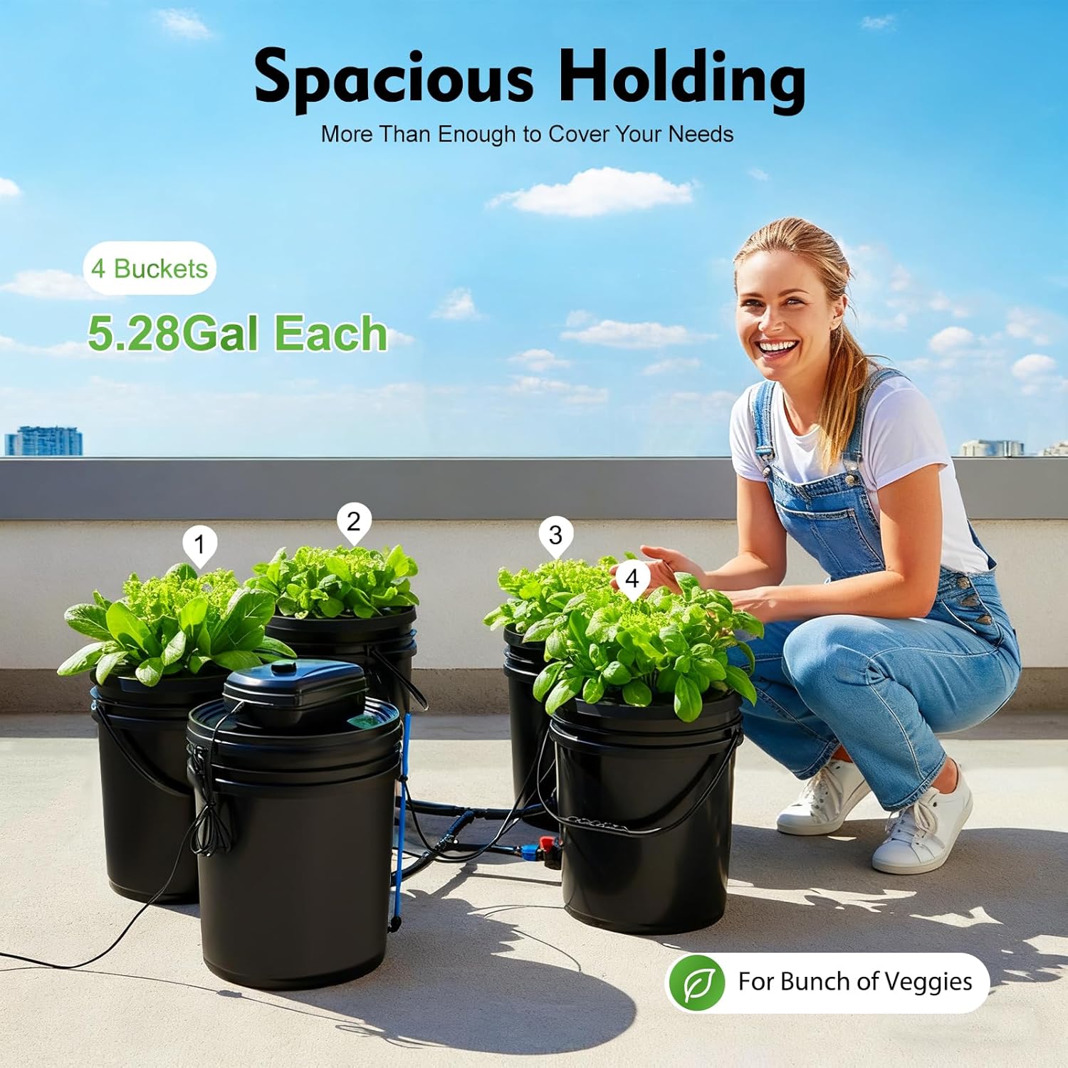 DWC Hydroponics Grow System, 5 Gallon 5-Bucket Deep Water Culture Growing Bucket with Pump, Air Stone and Connected