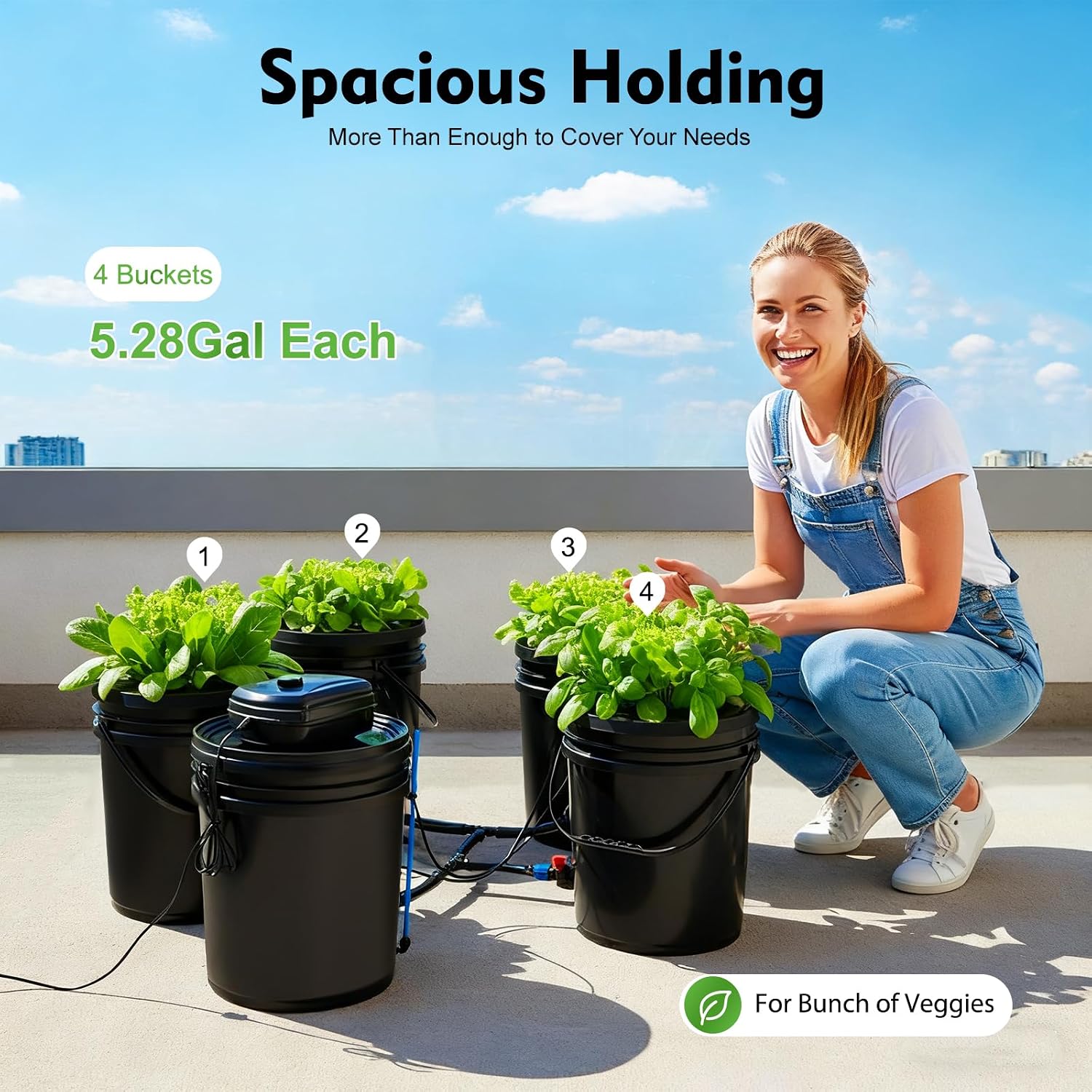 Hydroponic Growing System Kit - 4 Bucket Deep Water Culture DWC Setup with Air Pump - Soil-Free Indoor Gardening for