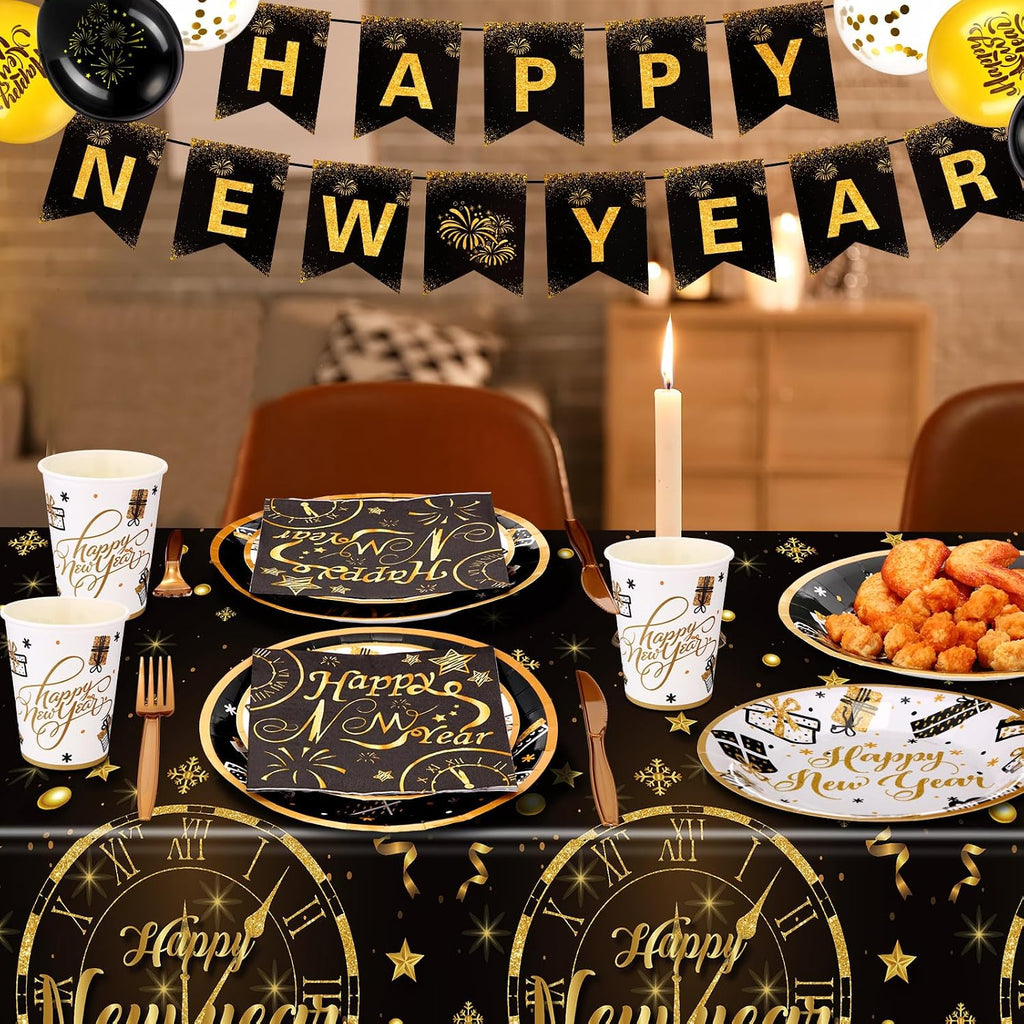 212 Pcs Happy New Years Eve Party Supplies 2026 Set- Black Gold Happy New Year Decorations Kit, Tableware Set 24