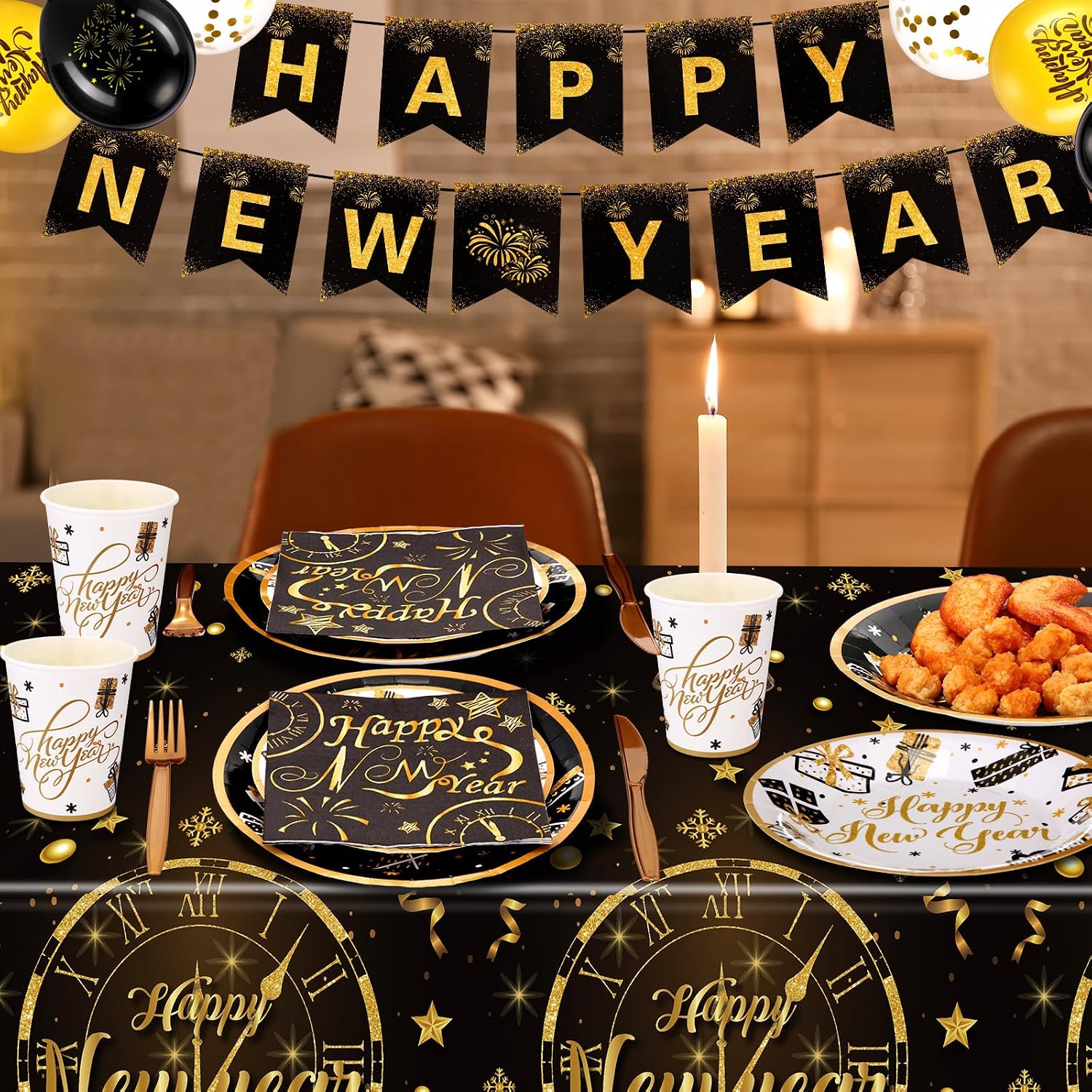 212 Pcs Happy New Years Eve Party Supplies 2026 Set- Black Gold Happy New Year Decorations Kit, Tableware Set 24