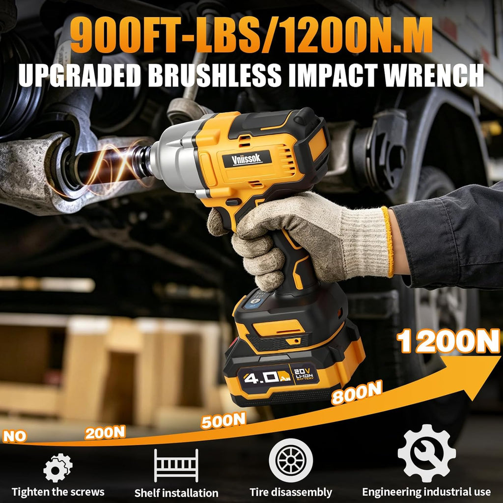 Cordless Impact Wrench, 900Ft-lbs (1200N.m) 1/2" Brushless Impact Gun with 2x 4.0Ah Battery, Fast Charger & 3