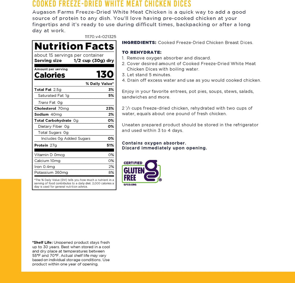 Cooked Freeze Dried White Meat Chicken Dices Can | Emergency Food Supply, Everyday Meals, 15 Servings