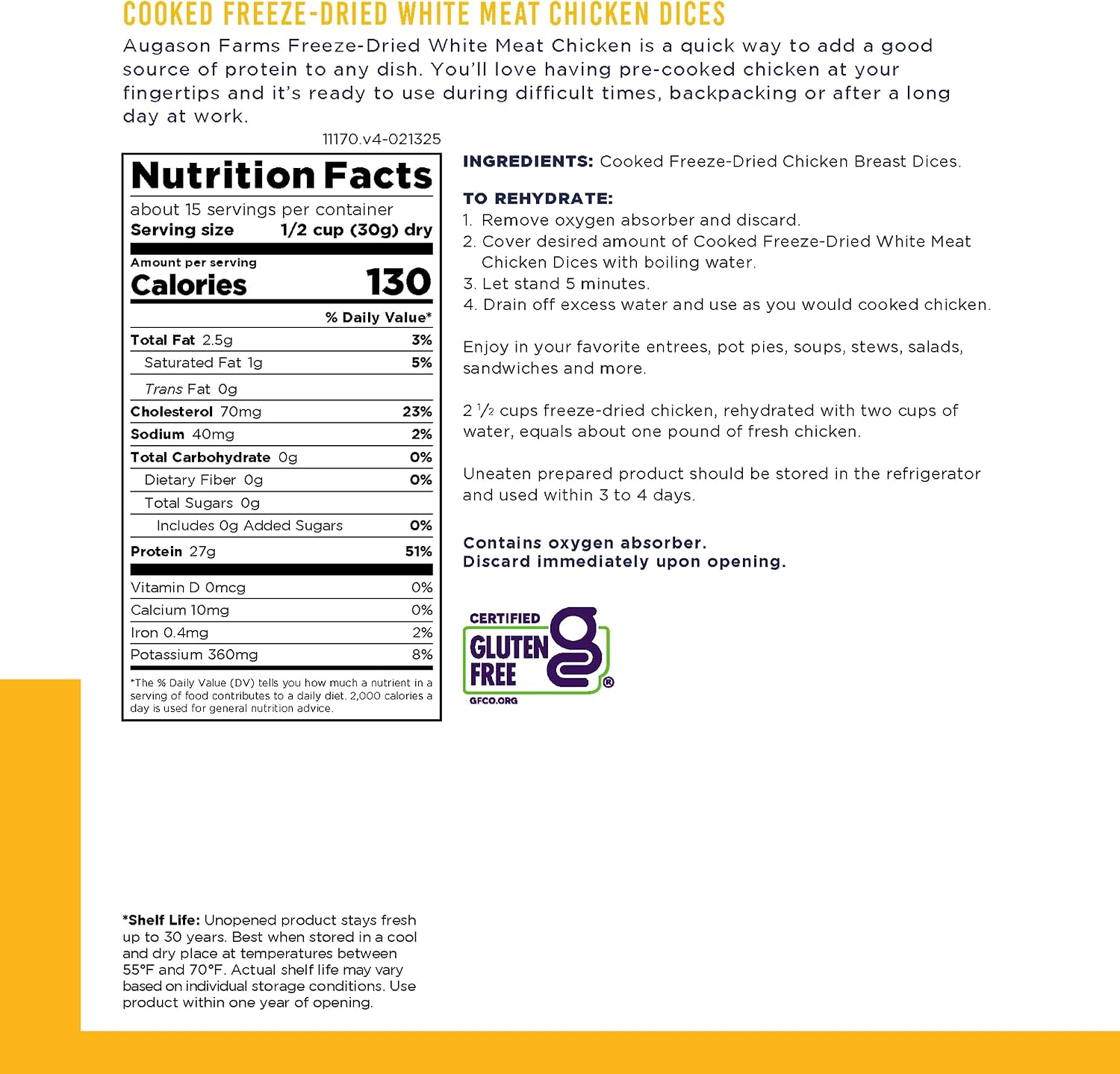 Cooked Freeze Dried White Meat Chicken Dices Can | Emergency Food Supply, Everyday Meals, 15 Servings