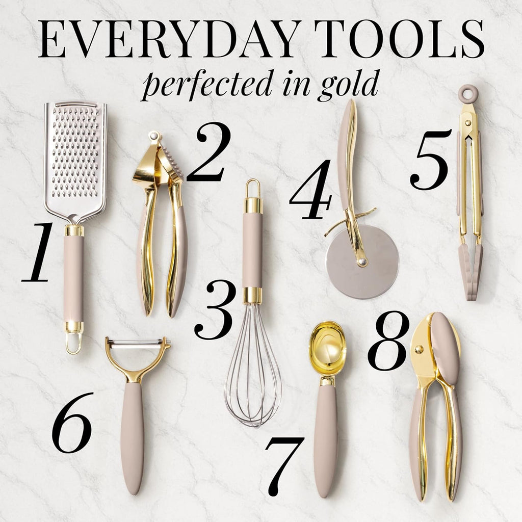 Gold and Beige Kitchen Utensils Set – 8 PC Cooking Gadgets with Mini Gold Whisk and Tongs, Pizza Cutter, Garlic