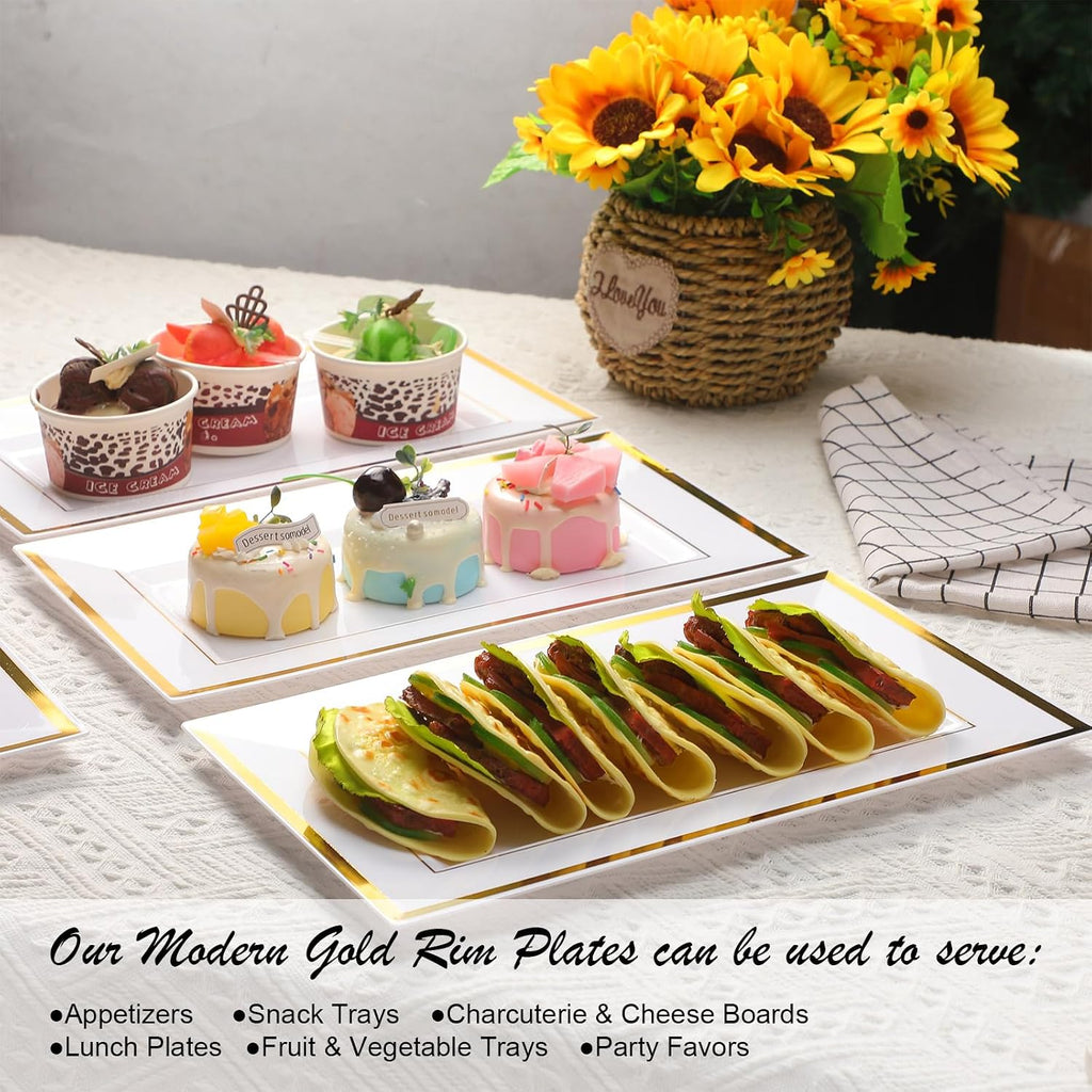 30 Pcs Disposable Plastic Serving Tray, White Gold Rim, 8 x 13 Inch