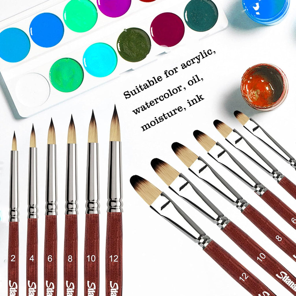 12 pcs Acrylic Paint Brushes Set,6 Professional Round Pointed Tip Paintbrushes and 6 Filbert Artist Paintbrush for