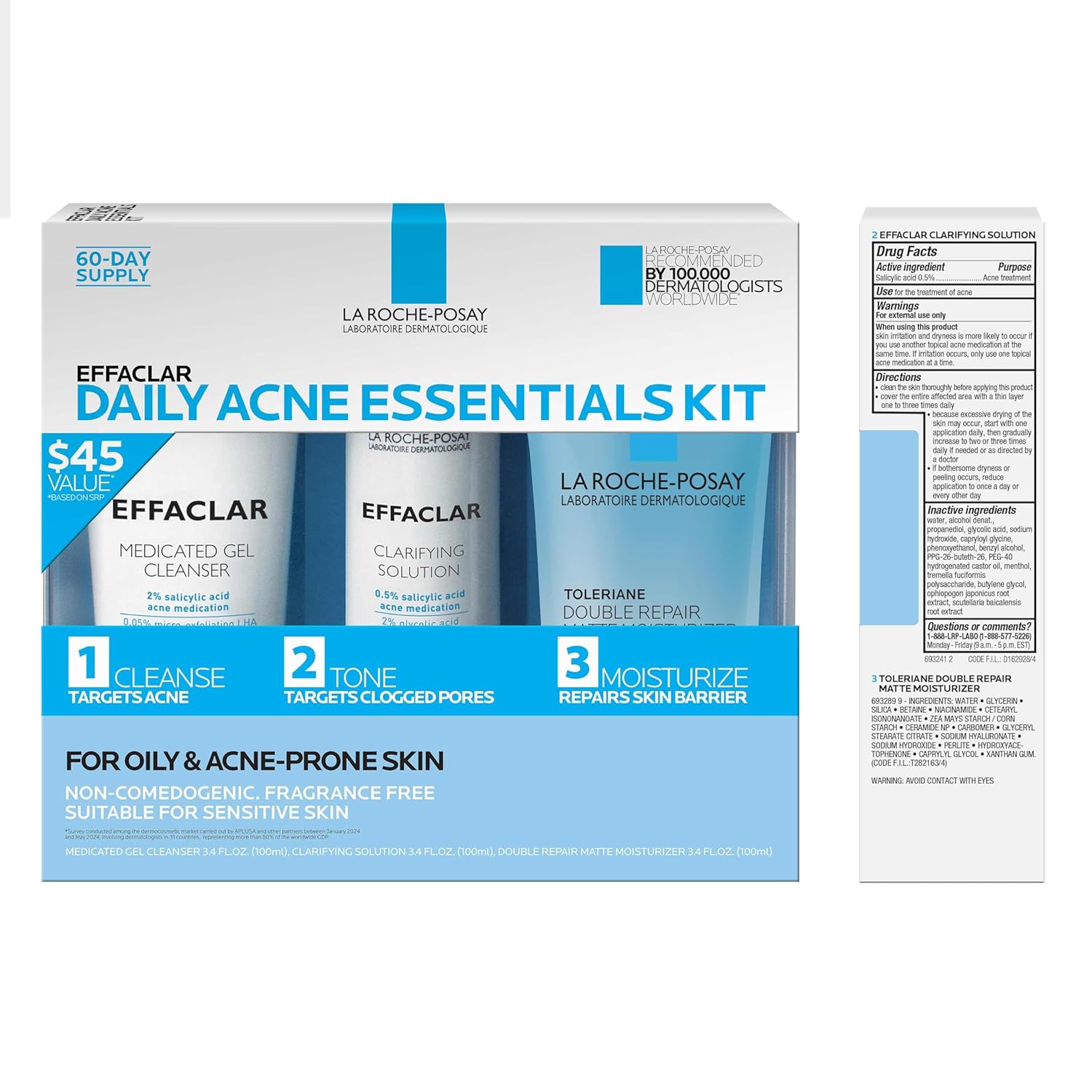 La Roche-Posay Effaclar Daily Acne Kit with Cleanser, Toner & Moisturizer | Salicylic acid acne cleanser, pore