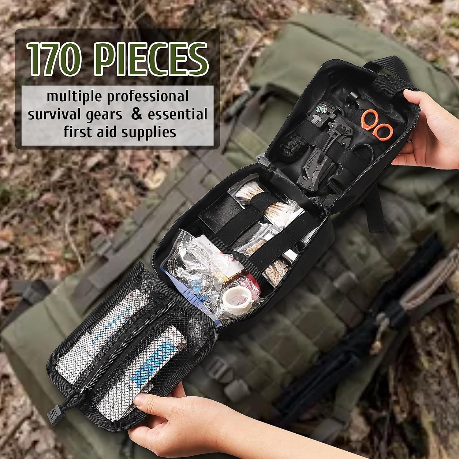 Survival First Aid Kit, 170 PCS Survival Kits,Trauma Kit with Essential Survival Gear Emergency Medical Supplies for