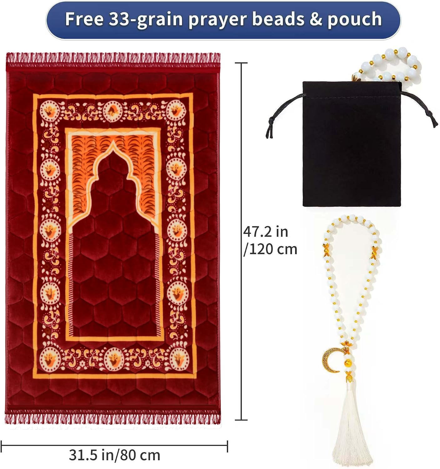 Prayer Rug Muslim Mat Islamic - Padded Very Thick Prayer Rug Sajadah for Men Women with Islam Prayer Beads, Soft and