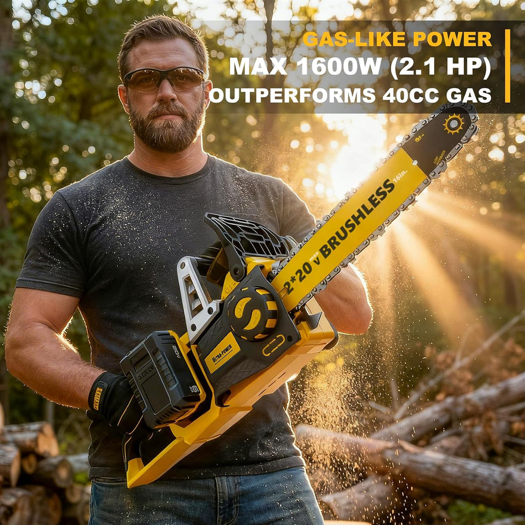 40V(20V*2) 16" Brushless Chainsaw Cordless, Electric Chainsaw Fully Compatible with DeWalt 20V MAX, Auto-Oiling