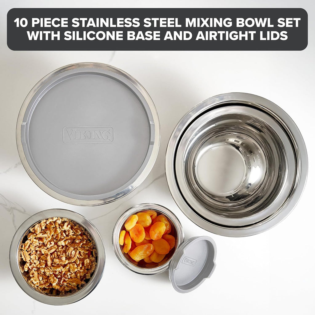 Mixing Bowls Set, 10 Piece Stainless Steel Kitchen Cookware, Non-Slip Silicone Base, Includes Tight Fit Lids