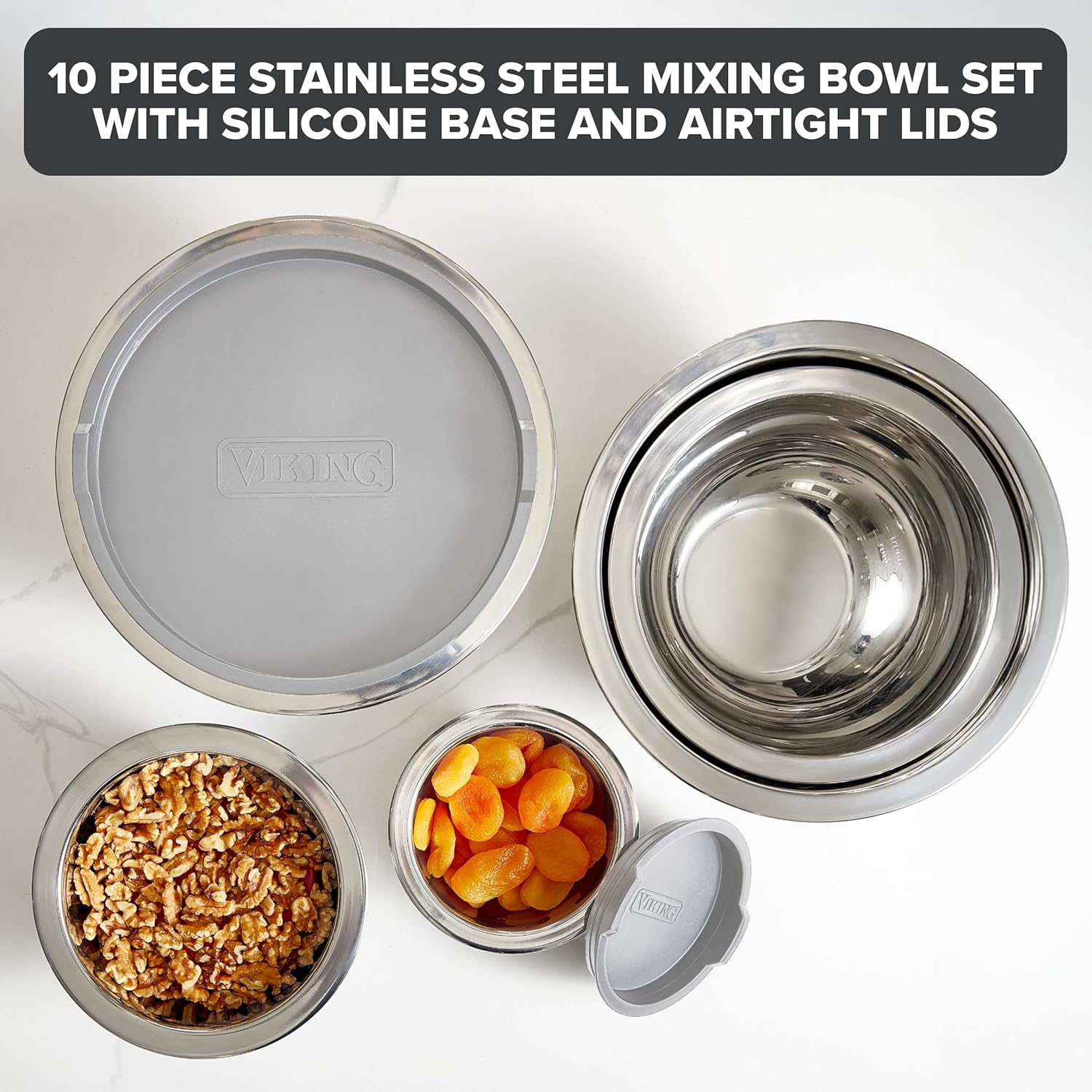 Mixing Bowls Set, 10 Piece Stainless Steel Kitchen Cookware, Non-Slip Silicone Base, Includes Tight Fit Lids