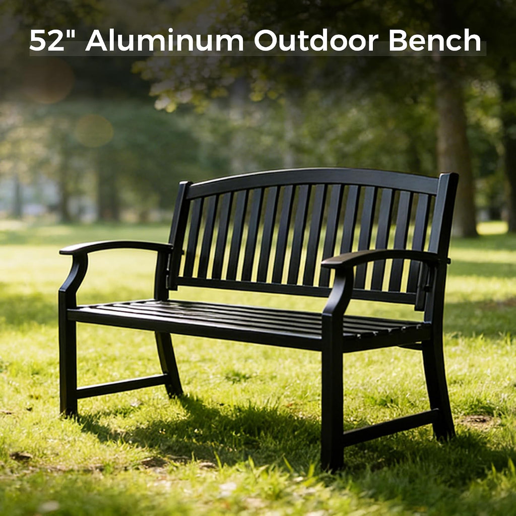 52" Farmhouse Outdoor Bench with Armrest, Black & Gold | Anti-rust Aluminum Frame, Faux Wood Grain Finish