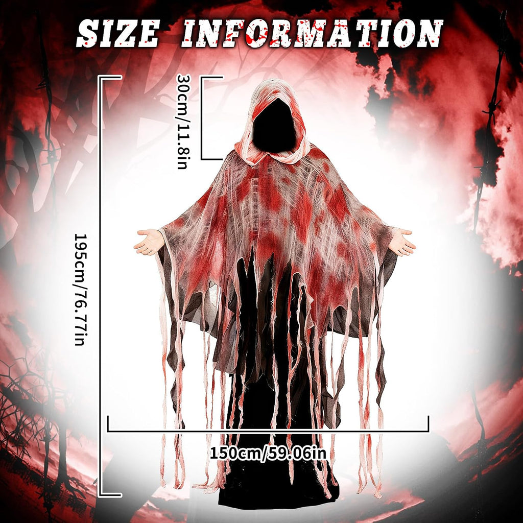 Halloween Horror Hooded Cloak Scary Ghost Tattered Bloody Robe Medieval Wizard Death Red Cape Vampire Cosplay Costume